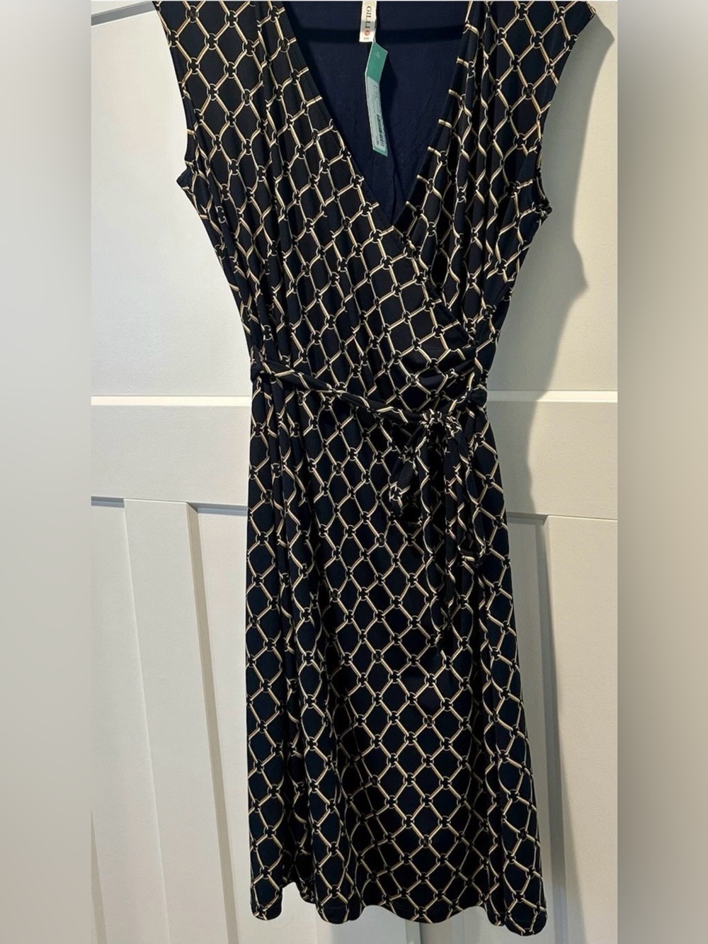 Gilli Brysen Navy Faux Wrap Jersey Dress Size L, Navy & Gold